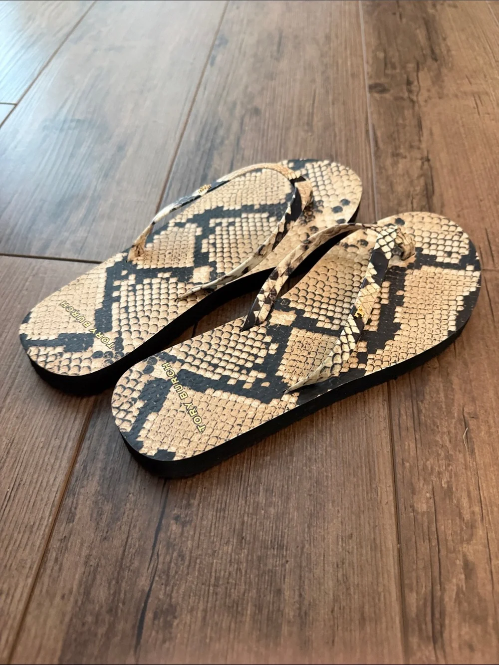 Tory Burch Snake-Print Flip Flops in Beige and Black